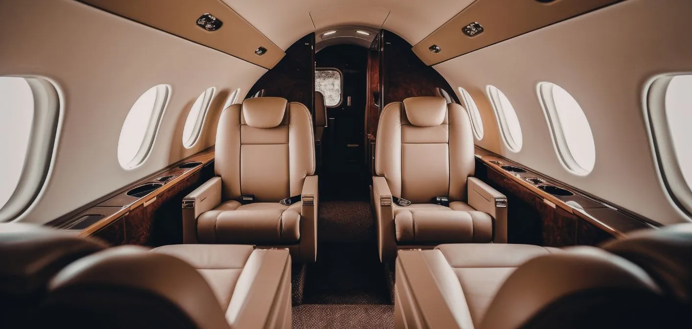 Cabine d’un jet privé, sièges cuir et finitions haut de gamme